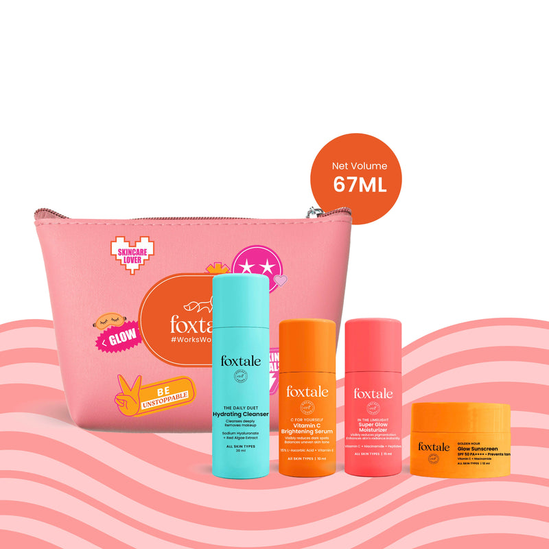 Foxtale On the Glow Travel Kit Hydrating Face Wash + Vitamin C + Super Glow Moisturizer + Glow Sunscreen + Travel Pouch - Buy from Indicrest