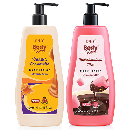 Plum Deliciously Moisturizing Body Lotion Duo by Plum BodyLovin' | Vanilla Caramello & Marshmallow Melt Body Lotion | Intensely Mositurizing | Delicious Fragrance | Vitamin B5 | Shea Butter | Cocoa Butter | Lightweight | Non-Greasy Buy at Indicrest