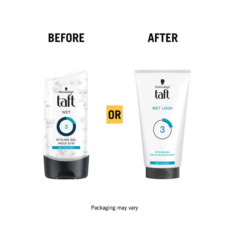 Schwarzkopf TAFT Wet Hair Styling Gel For 24 Hours Shiny Wet Look Effect Hold 3, Non-Sticky, 150ml