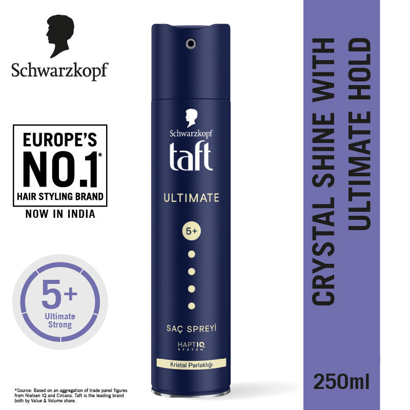 Schwarzkopf TAFT Ultimate Hair Spray For Hair With Crystal Shine Hold 5+, Lasts For 72 Hours, 250ml