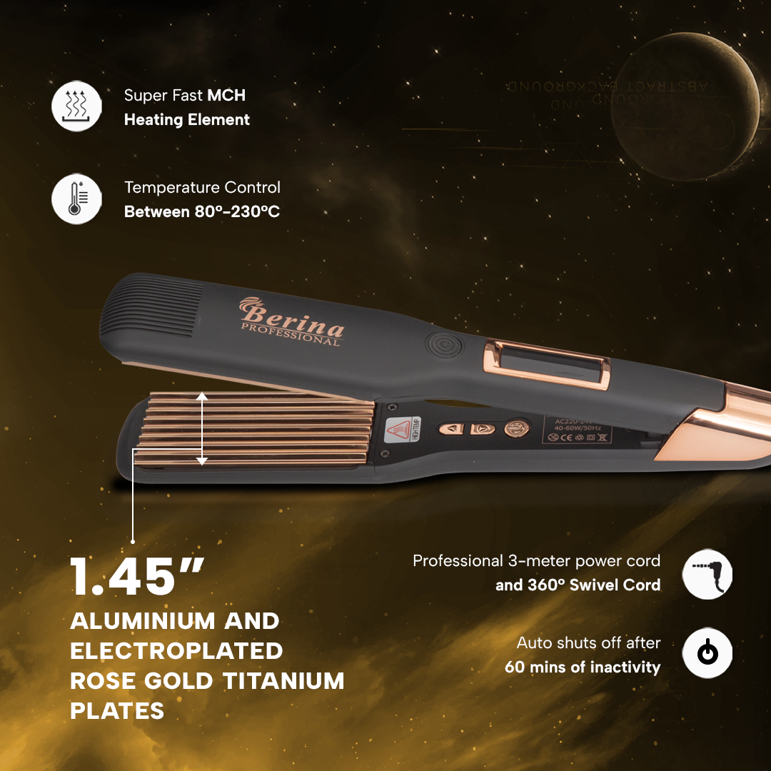 Berina Professional Rose Gold Titanium Wide Plate Crimper BC-178 | Smooth, Sleek Crimps for Thick & Long Hair, BC-178