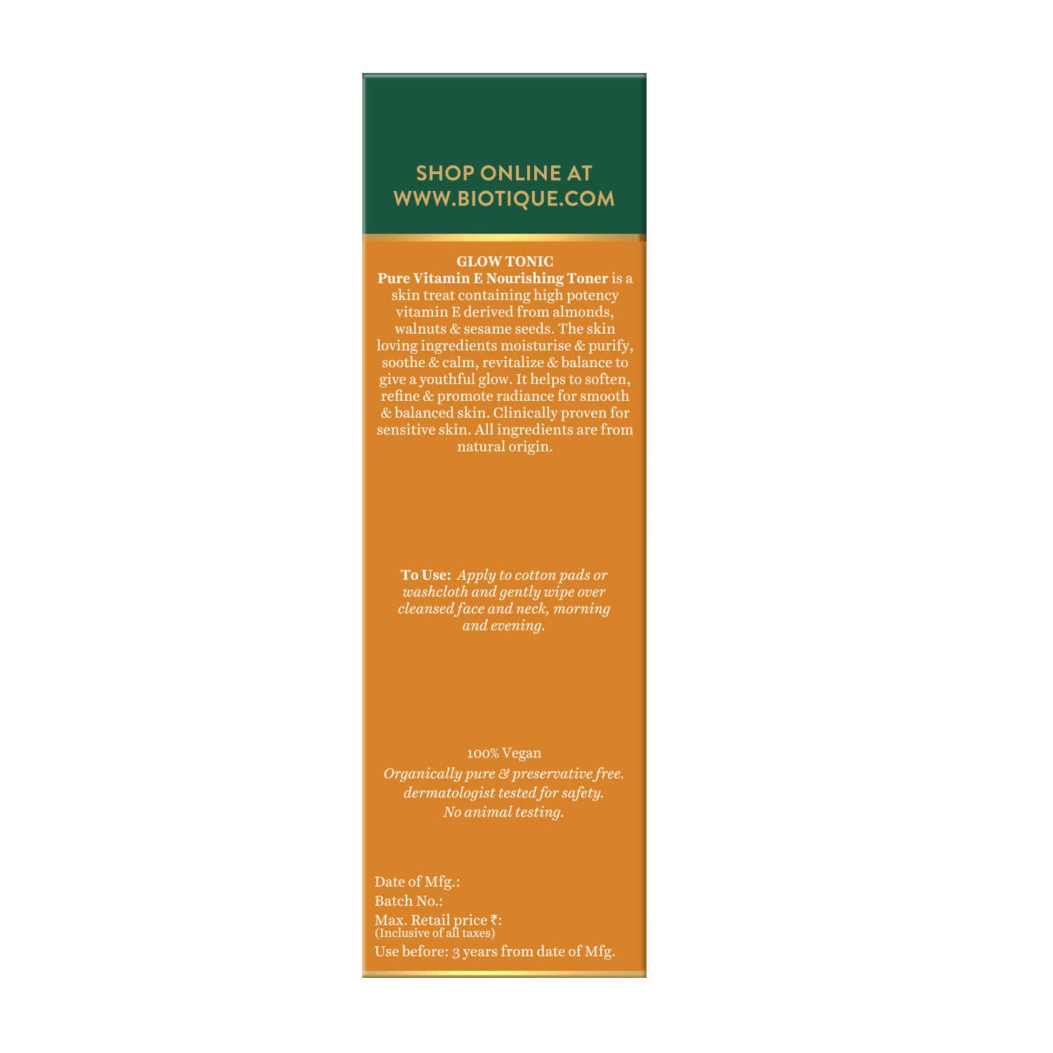 Biotique Glow tonic pure Vitamin E nourishing toner, 120ml - Image 2 - Buy from Indicrest
