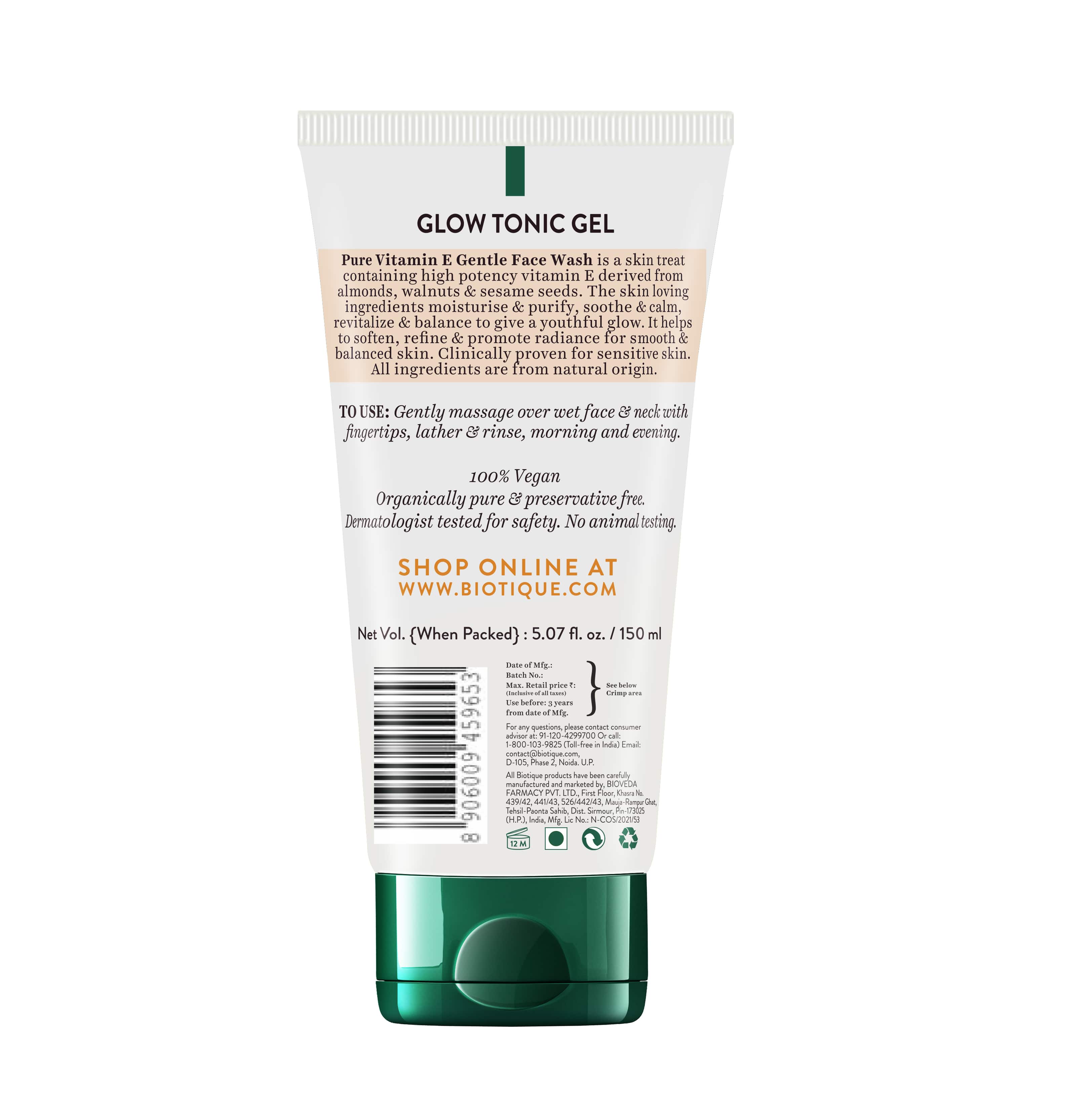 Biotique Glow Tonic Gel Pure Vitamin E Gentle Face Wash, 150ml - Image 2 - Buy from Indicrest