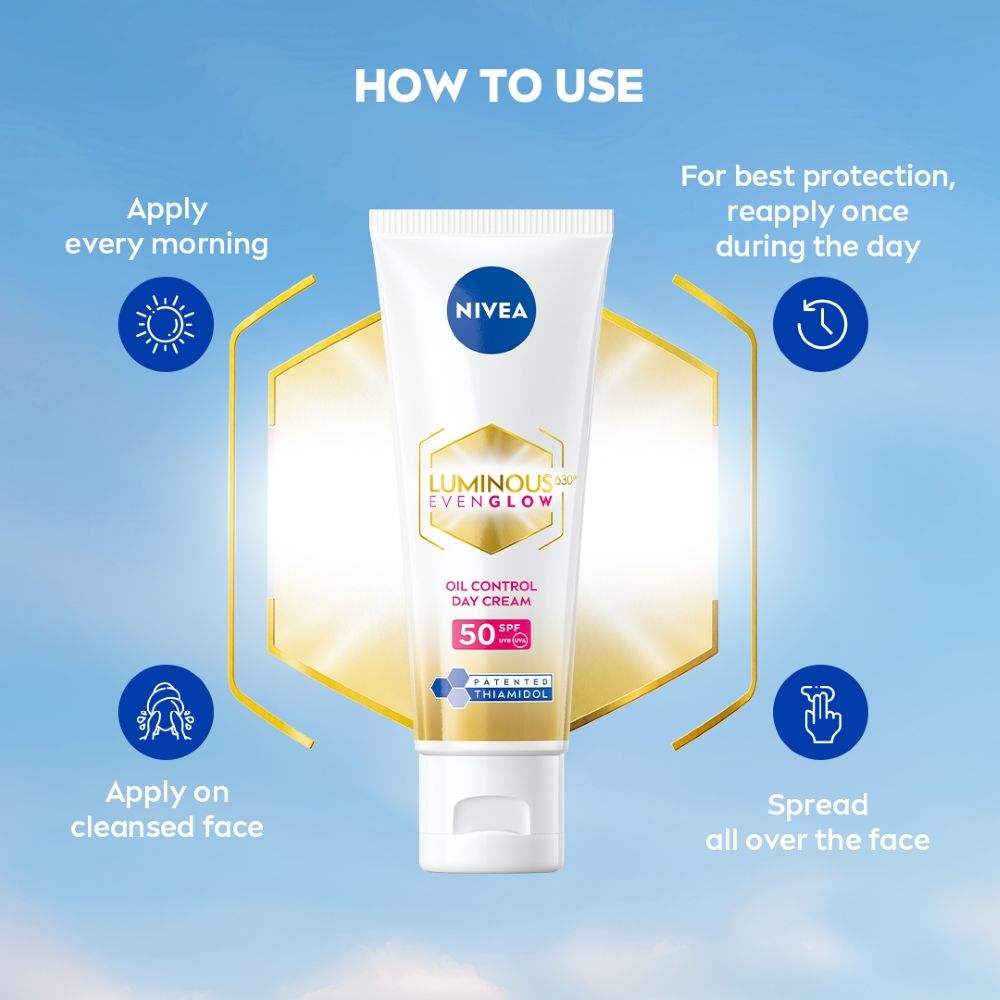 Nivea Luminous Even Glow Oil Control Day Cream Spf 50,Thiamidol Uv Protection & Reduces Dark Spots, 10ml Buy at Indicrest Image 8