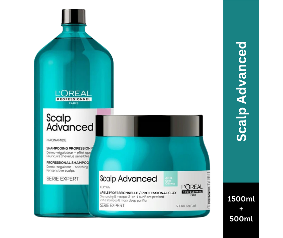 L'Oreal Professionnel Scalp Advanced Anti-Oiliness Dermo-Purifier Shampoo, 1500ml and Anti-Oiliness Mask, 500ml – Deep Purifying Combo