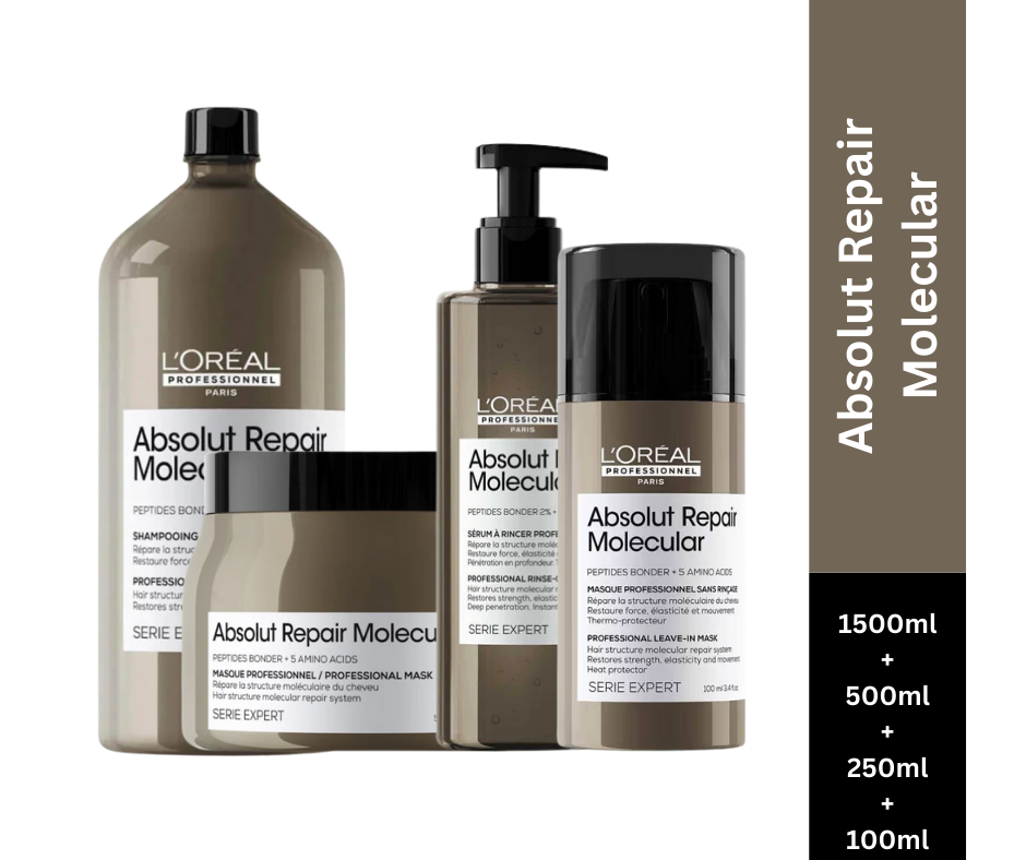 L'Oreal Professionnel Paris Absolut Repair Molecular Shampoo 1500ml | Mask 500ml | Rinse-Off Serum 250ml | Deep Repairing Leave-In Mask Cream 100ml