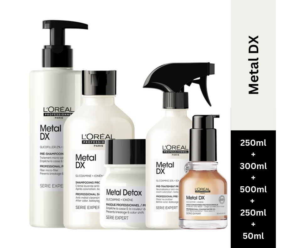 L’Oreal Professionnel Metal DX Anti-Porosity Filler 250ml, Shampoo 300ml, Hair Mask 500ml, Metal Neutralizer Pre-Treatment 250ml & Concentrated Oil 50ml Combo