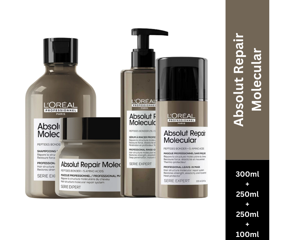 L'Oreal Absolut Repair Molecular Shampoo 300ml | Molecular Mask 250ml | Rinse-Off Serum 250ml | Deep Repairing Leave-In Cream 100ml