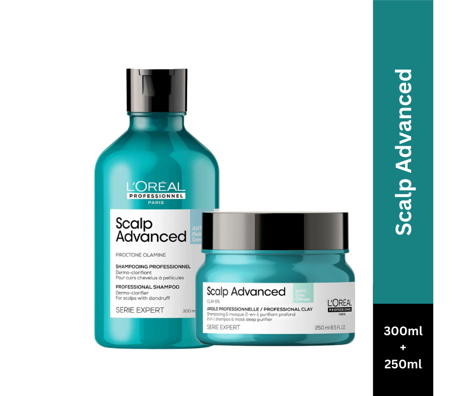 L'Oreal Professionnel Scalp Advanced Anti-Dandruff Shampoo, 300ml and Anti-Oiliness 2-in-1 Deep Purifier Clay Mask & Shampoo, 250ml – Combo