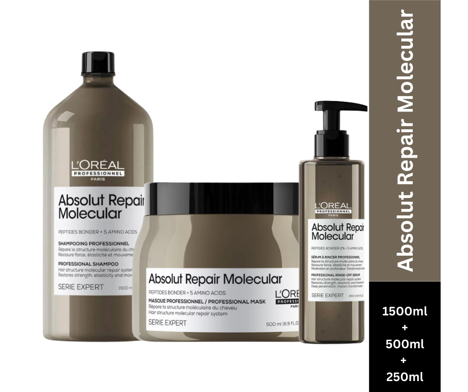 L'Oreal Professionnel Absolut Repair Molecular Shampoo, 1500ml | Absolut Repair Molecular Mask, 500ml | Absolut Repair Molecular Serum, 250ml