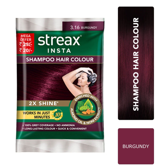 Streax Insta Shampoo Hair colour for 100% Grey Coverage, Burgundy, 18ml Buy at Indicrest