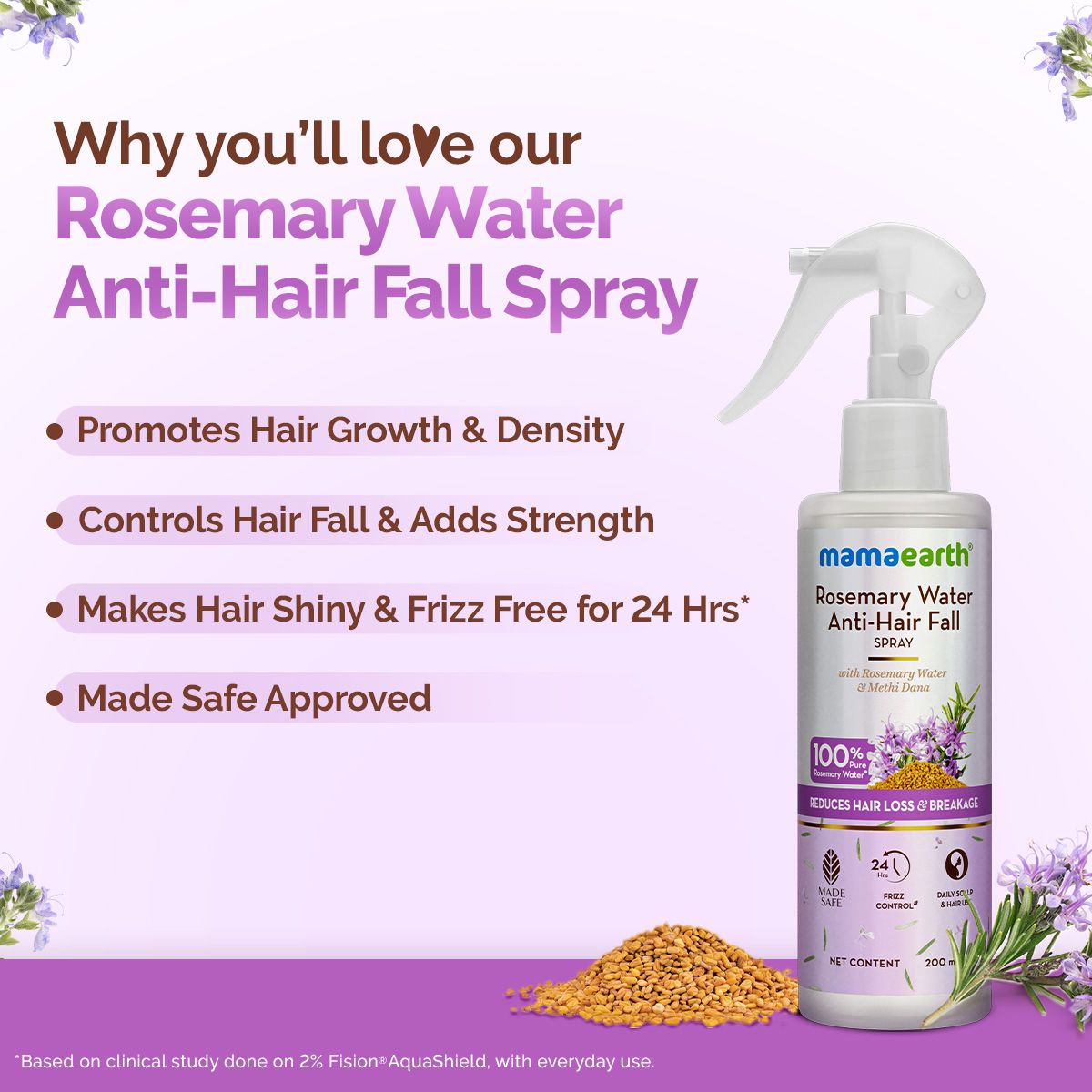 Mamaearth Rosemary Water Anti-Hair Fall Spray with 100% Pure Steam Distilled Rosemary Water & Methi Dana for Hair, 200ml - Image 2 - Buy from Indicrest