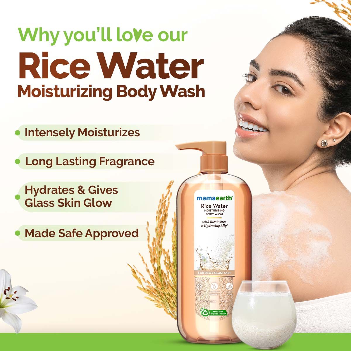 Mamaearth Rice Water Moisturizing Body Wash with Rice Water & Hydrating Lily for Dewy Glass Skin, 500ml - Image 2 - Buy from Indicrest