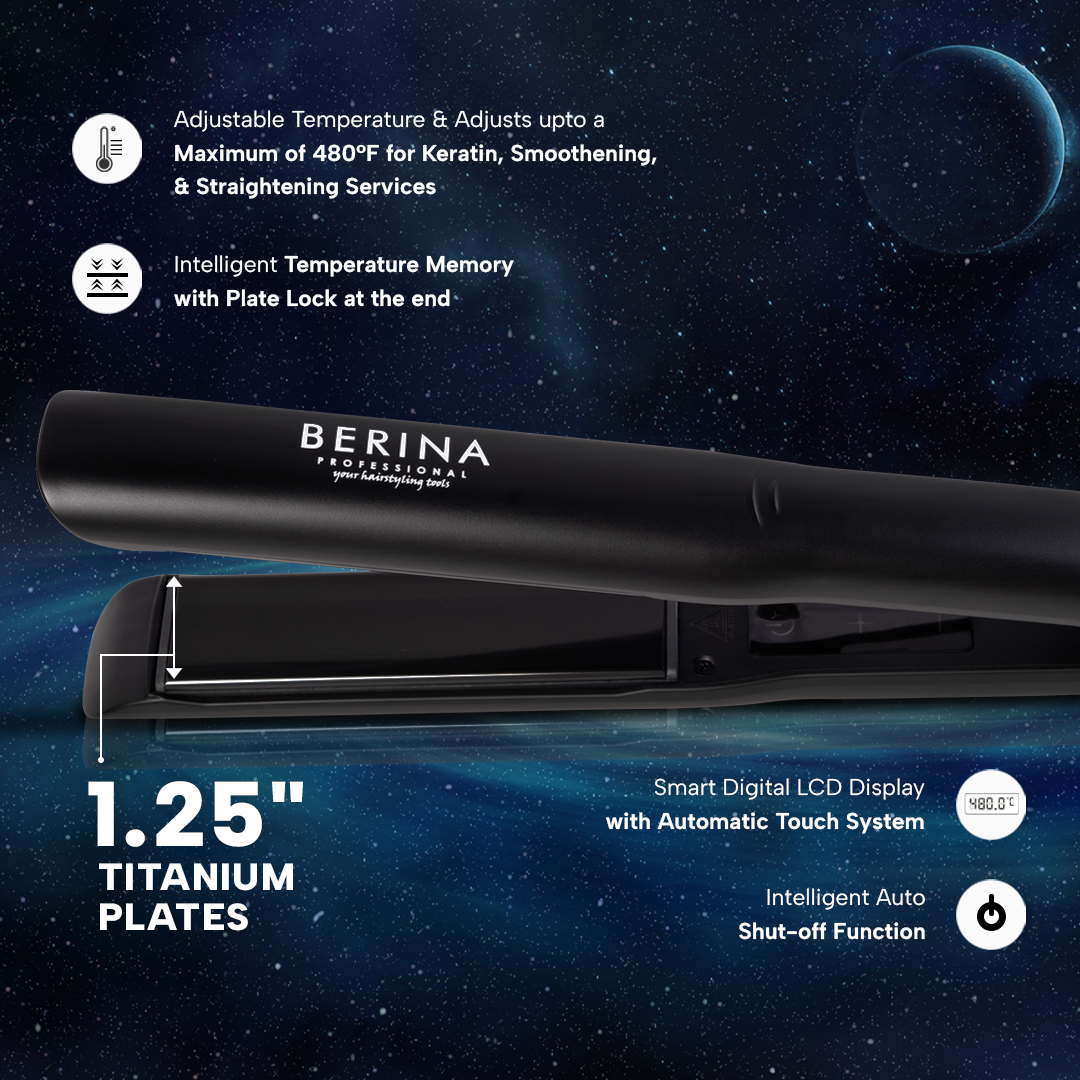 Berina Professional Galaxy 1.25-Inch Black BC-161 Wide Plate Straightener | Ideal for Wavy, Curly & Thick Hair, 1.25-Inch Black BC-161