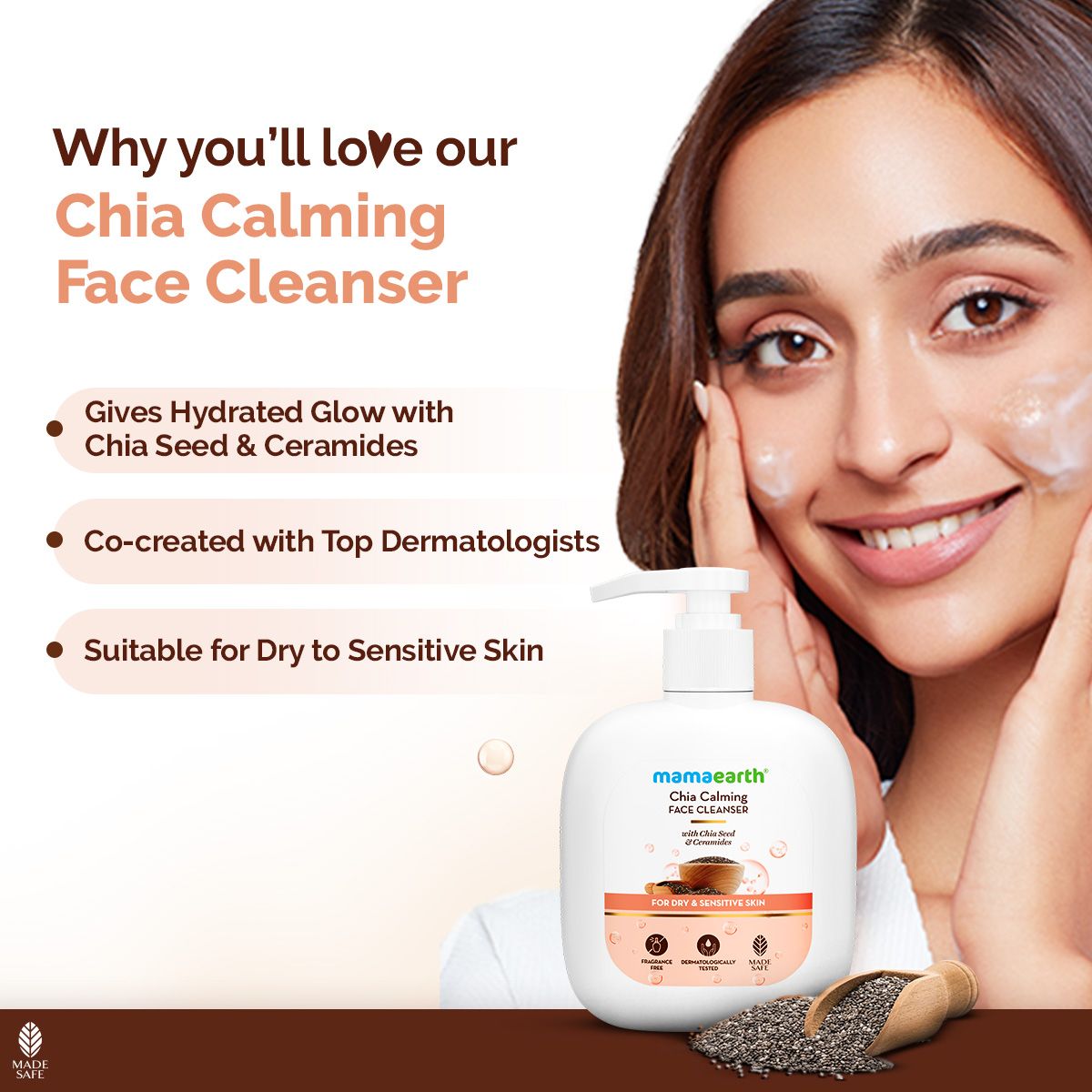Mamaearth Chia Calming Face Cleanser with Chia Seed & Ceramides for Dry & Sensitive Skin, 180 ml - Image 3 - Buy from Indicrest