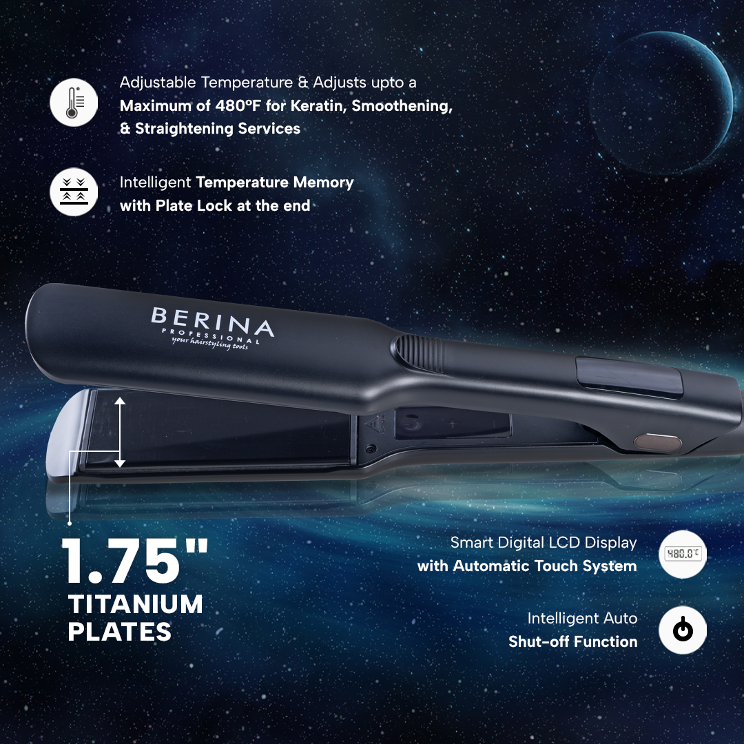 Berina Professional Galaxy 1.75-Inch Black BC-160 Extra Wide Plate Straightener | Ideal for Thick, Curly & Long Hair, 1.75-Inch Black BC-160