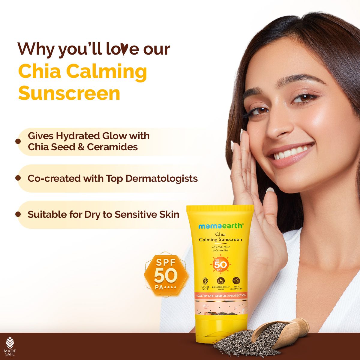 Mamaearth Chia Calming Sunscreen with Chia Seed & Ceramides for Hydrated Glow & Sun Protection, 50g - Image 3 - Buy from Indicrest