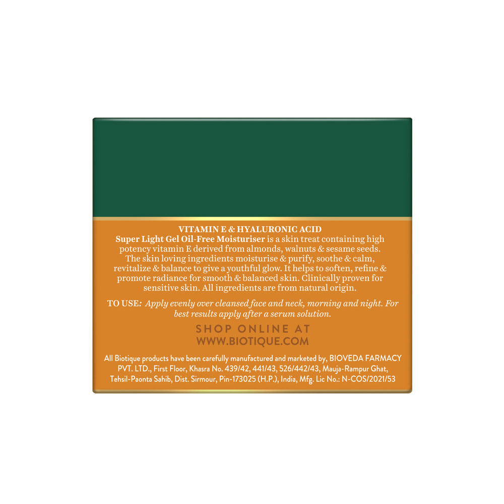 Biotique Vitamin E & Hyaluronic Acid Super Light Gel Oil-Free Moisturiser, 175g - Image 2 - Buy from Indicrest