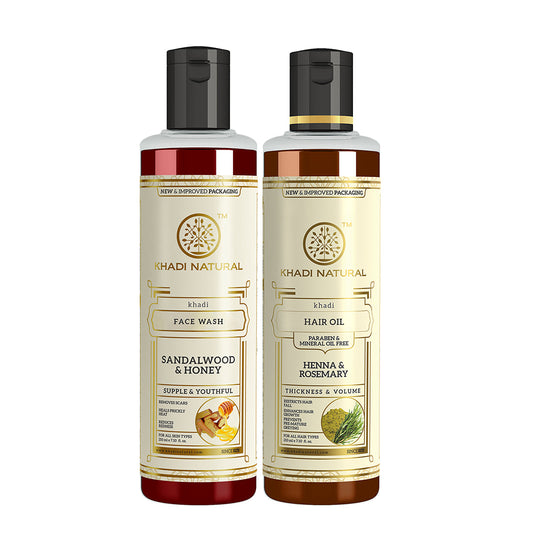 Khadi Herbal Sandalwood & Honey Face Wash with Henna Rosemary Hair Oil Combo (Set of 2) - Buy from Indicrest