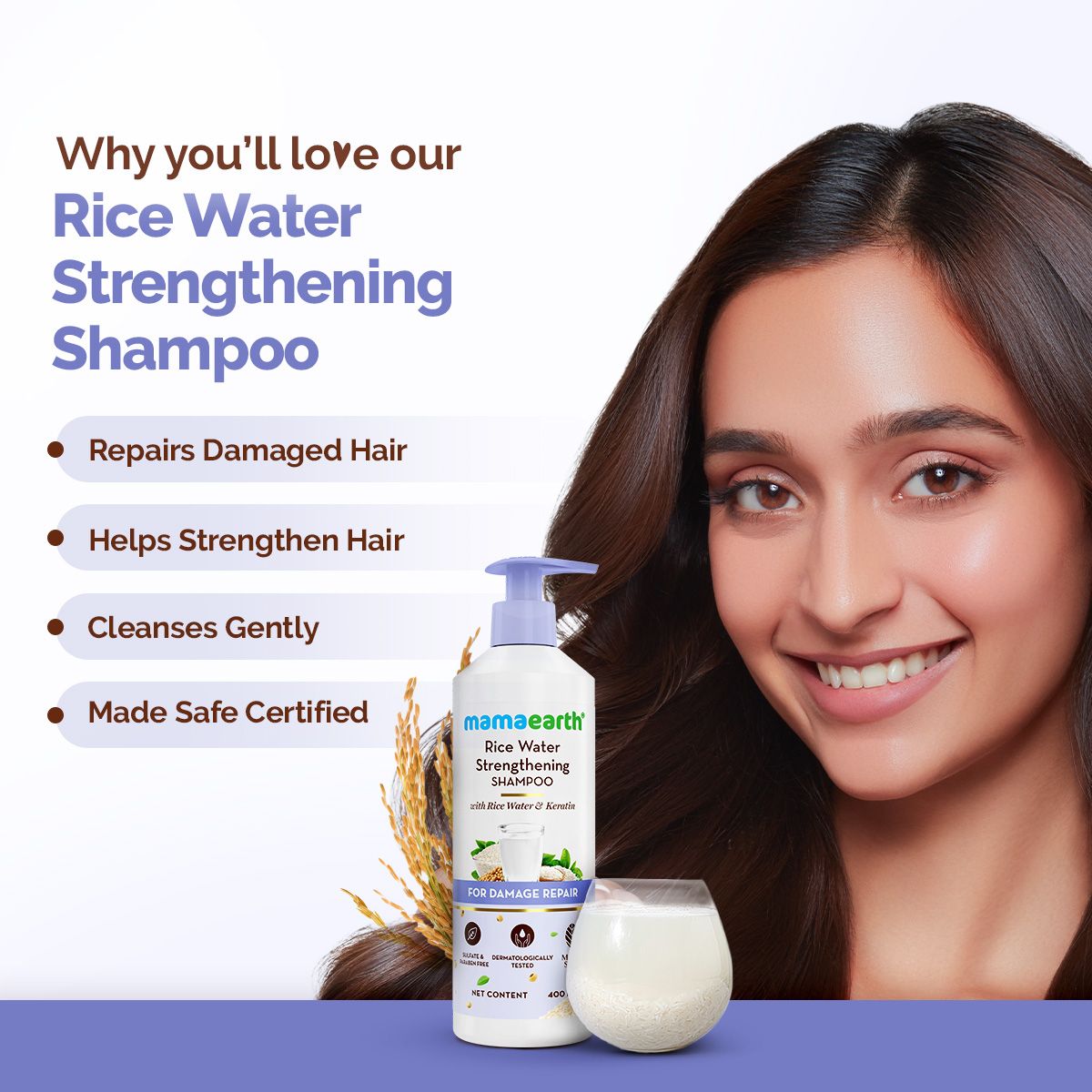 Mamaearth Rice Water Strengthening Shampoo with with Rice Water & Keratin for Damage Repair-, 400ml - Image 2 - Buy from Indicrest