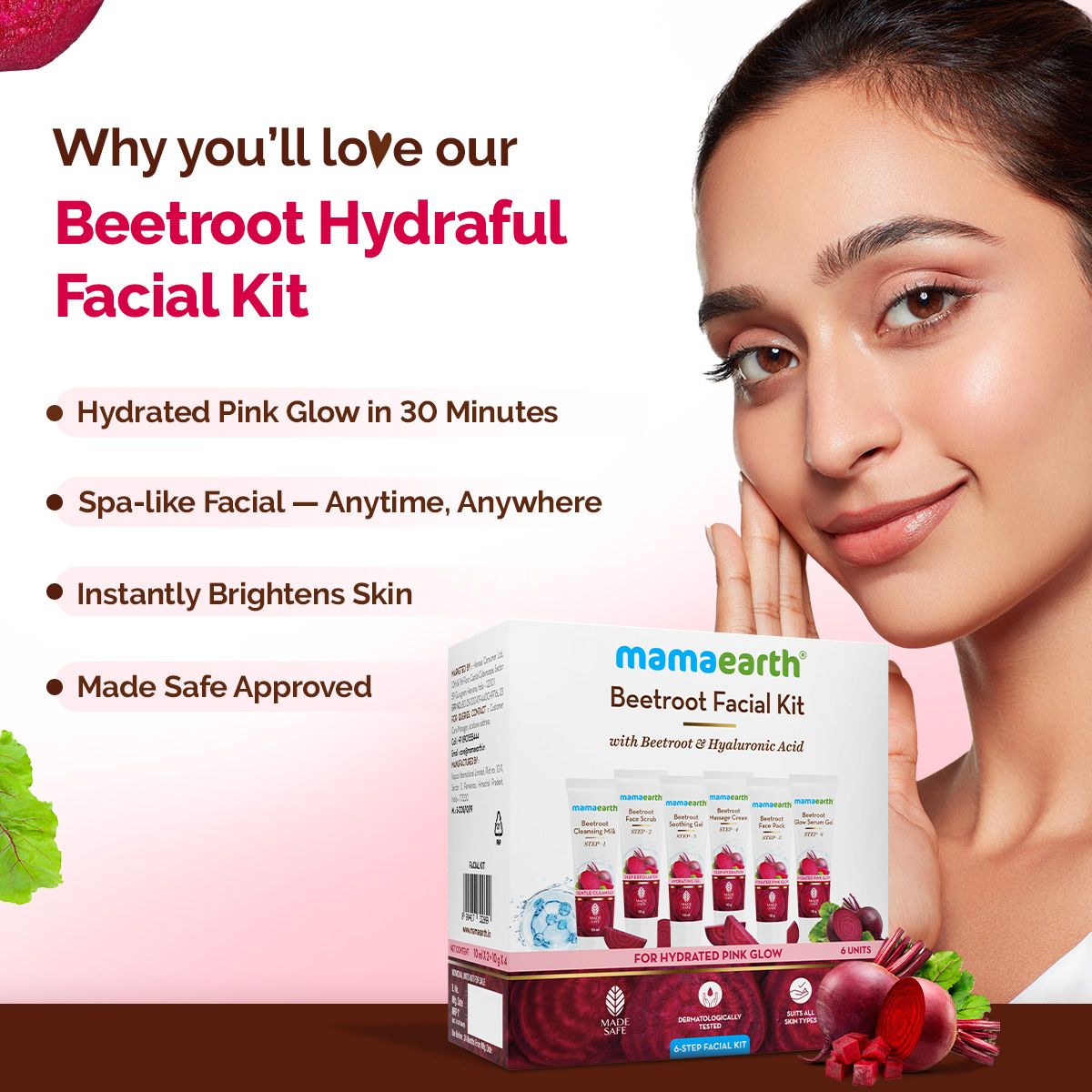Mamaearth Beetroot Hydraful Facial Kit with Beetroot & Hyaluronic Acid, 2 X 10 ml + 4 X 10g - Image 2 - Buy from Indicrest
