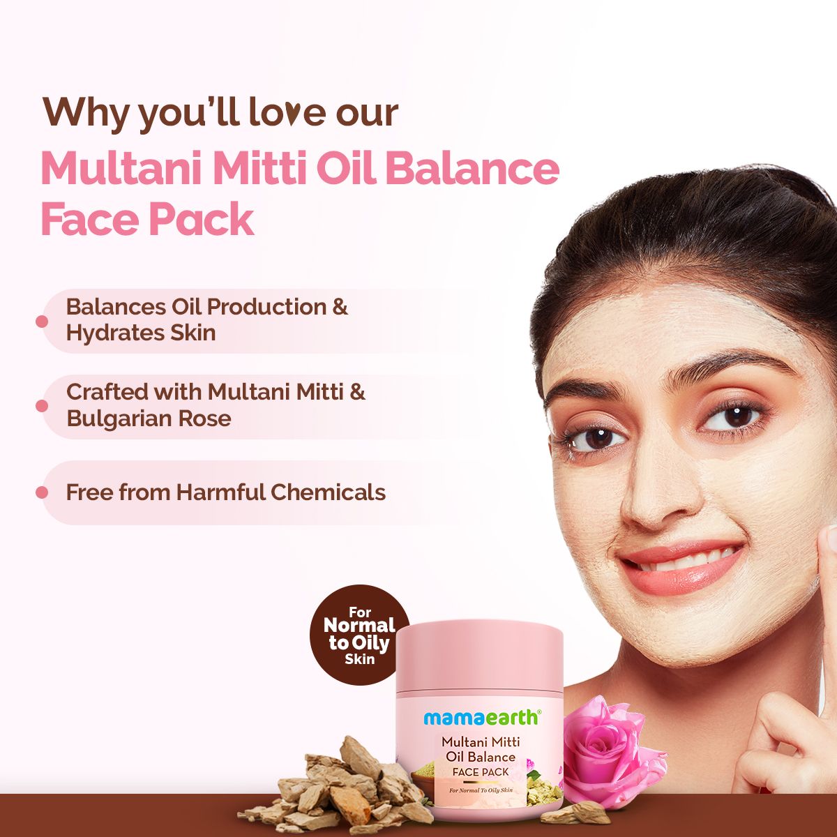Mamaearth Multani Mitti Oil Balance Face Pack with Multani Mitti & Bulgarian Rose for Normal to Oily Skin, 100g - Buy from Indicrest