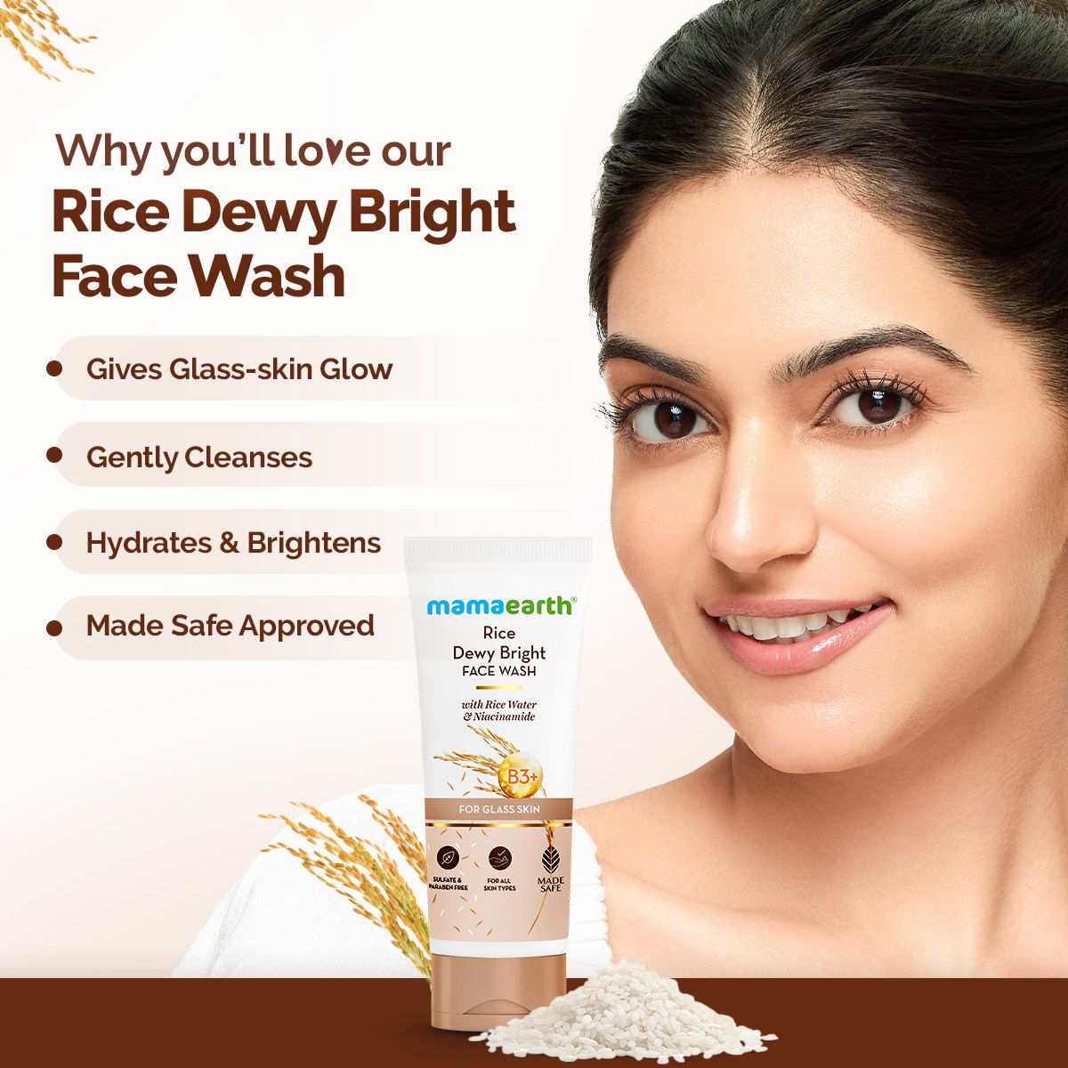 Mamaearth Rice Dewy Bright Face Wash With Rice Water & Niacinamide for Glass Skin, 200ml - Image 2 - Buy from Indicrest