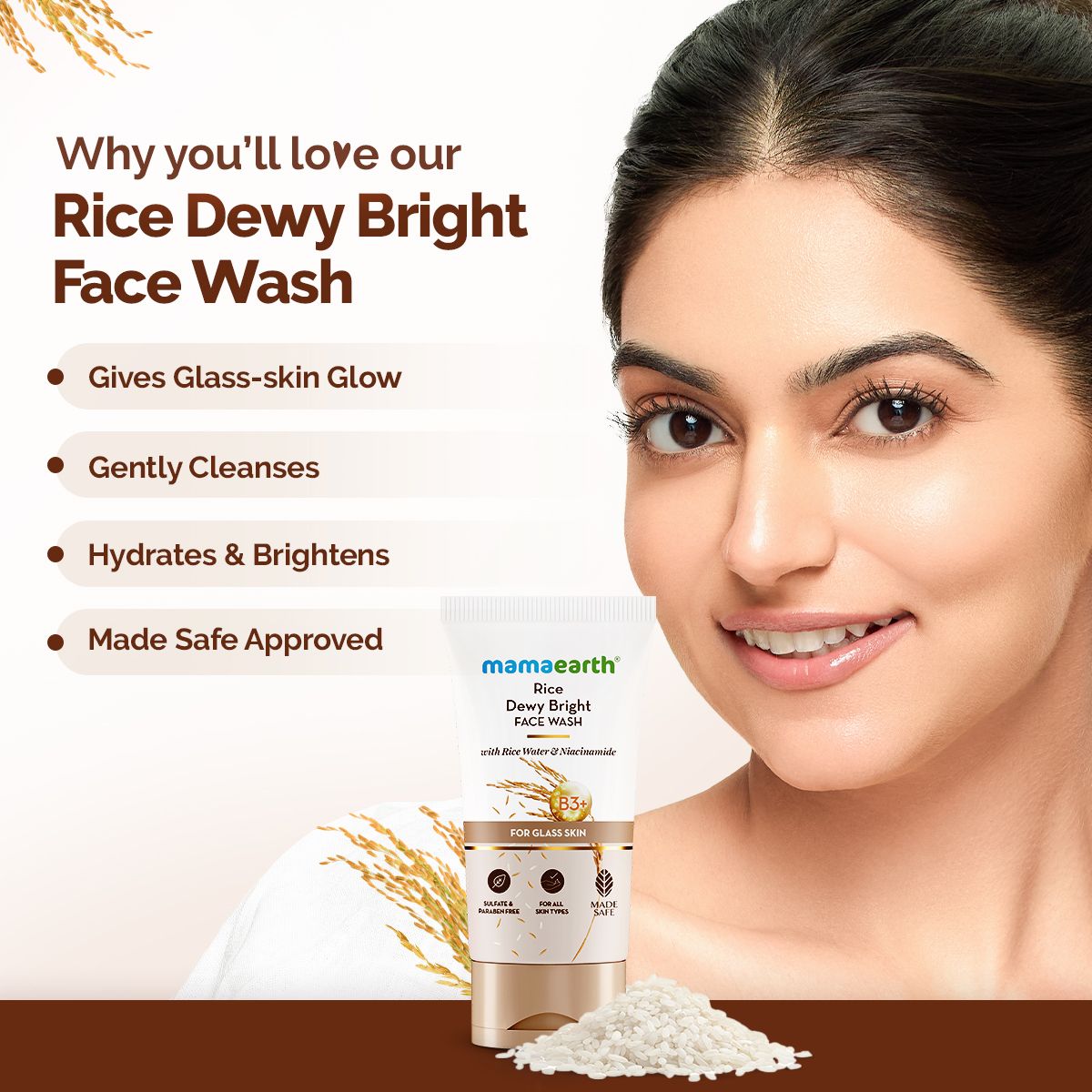 Mamaearth Rice Dewy Bright Face Wash With Rice Water & Niacinamide for Glass Skin, 150ml - Image 3 - Buy from Indicrest