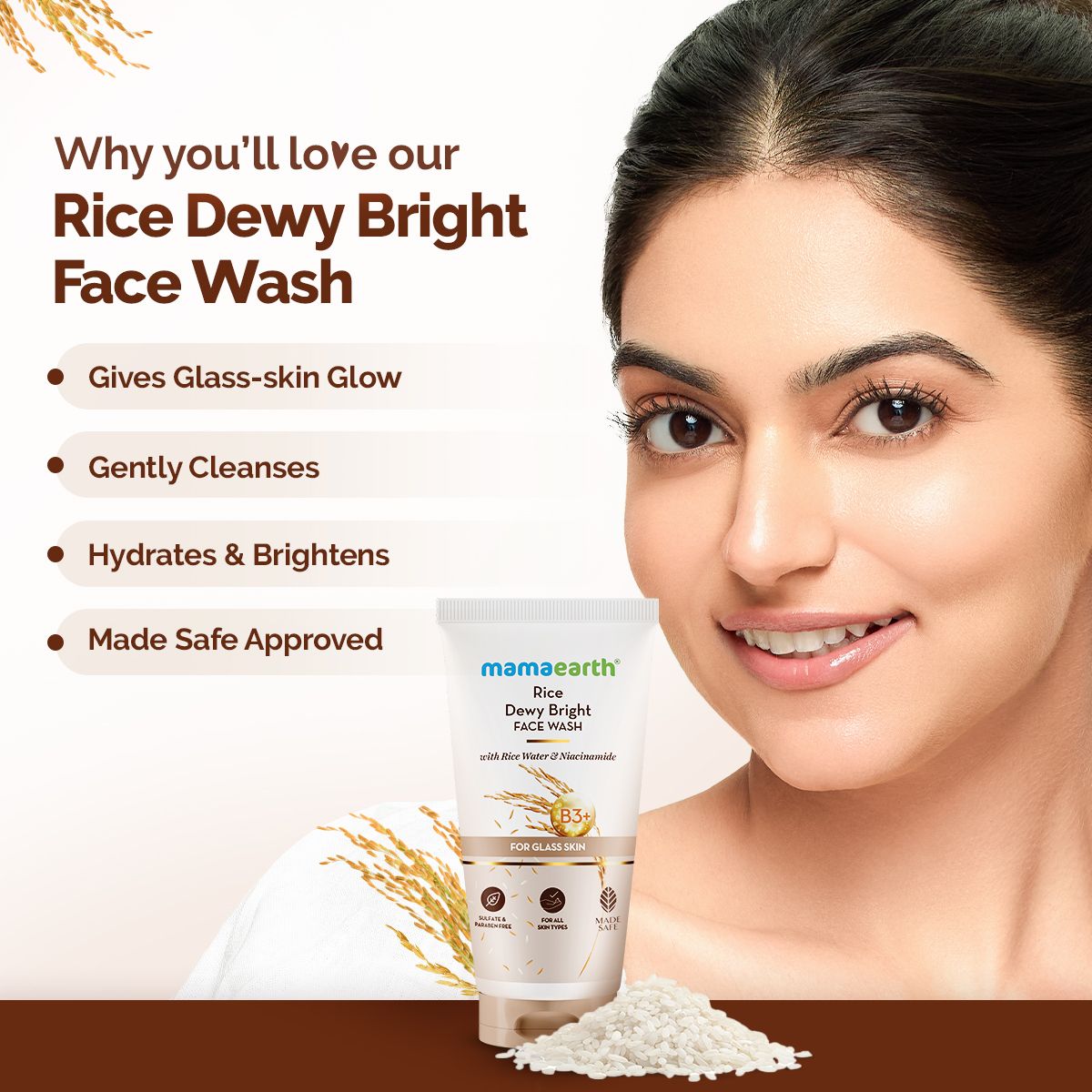Mamaearth Rice Dewy Bright Face Wash With Rice Water & Niacinamide for Glass Skin, 50ml - Image 2 - Buy from Indicrest