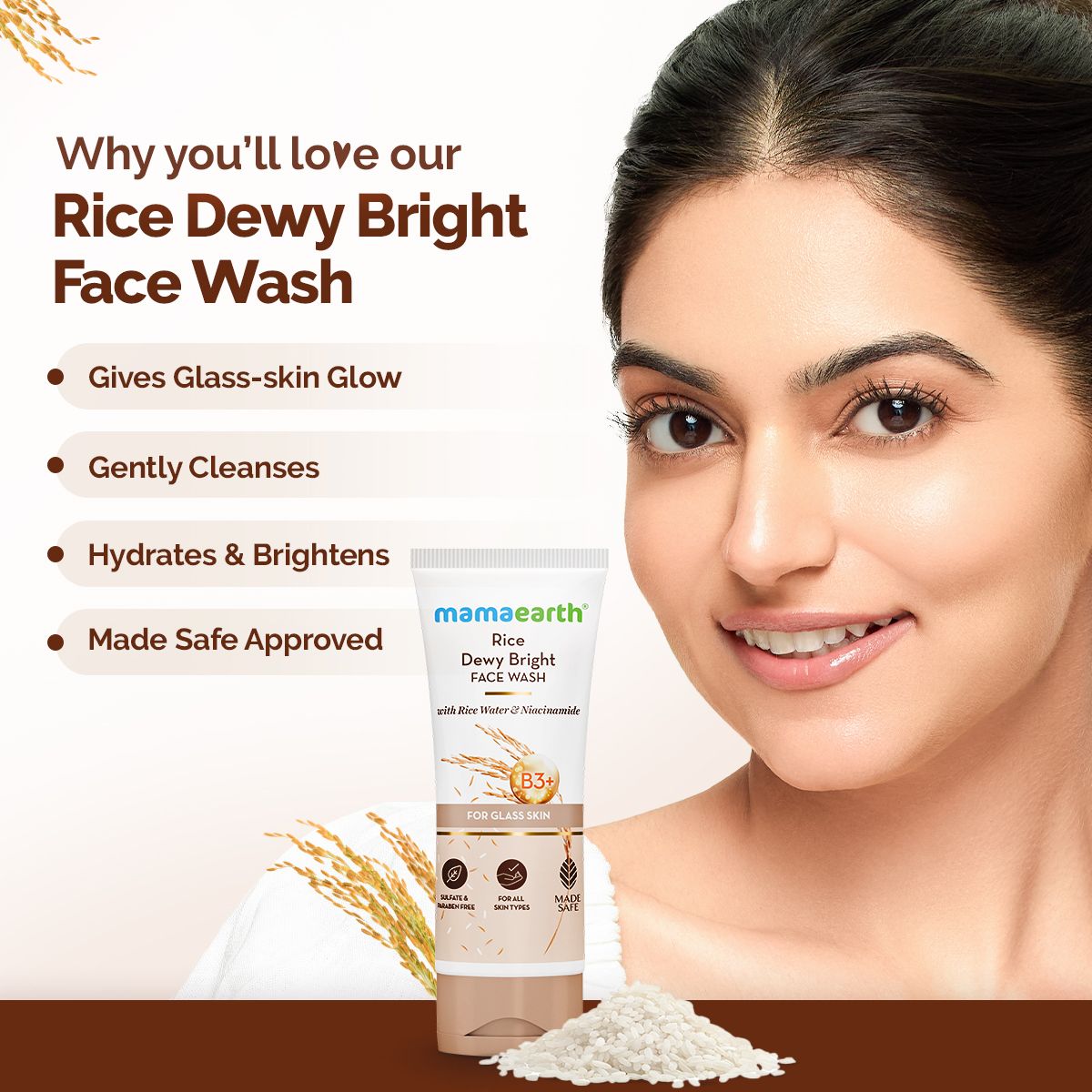 Mamaearth Rice Dewy Bright Face Wash With Rice Water & Niacinamide for Glass Skin, Pack of 2 X 150ml - Image 3 - Buy from Indicrest