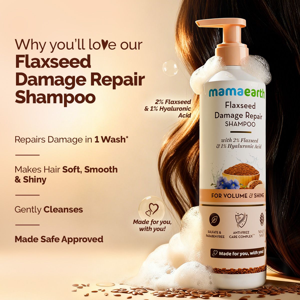 Mamaearth Flaxseed Damage Repair Shampoo with 2% Flaxseed & 1% Hyaluronic Acid for Volume & Shine -250 ml - Image 2 - Buy from Indicrest
