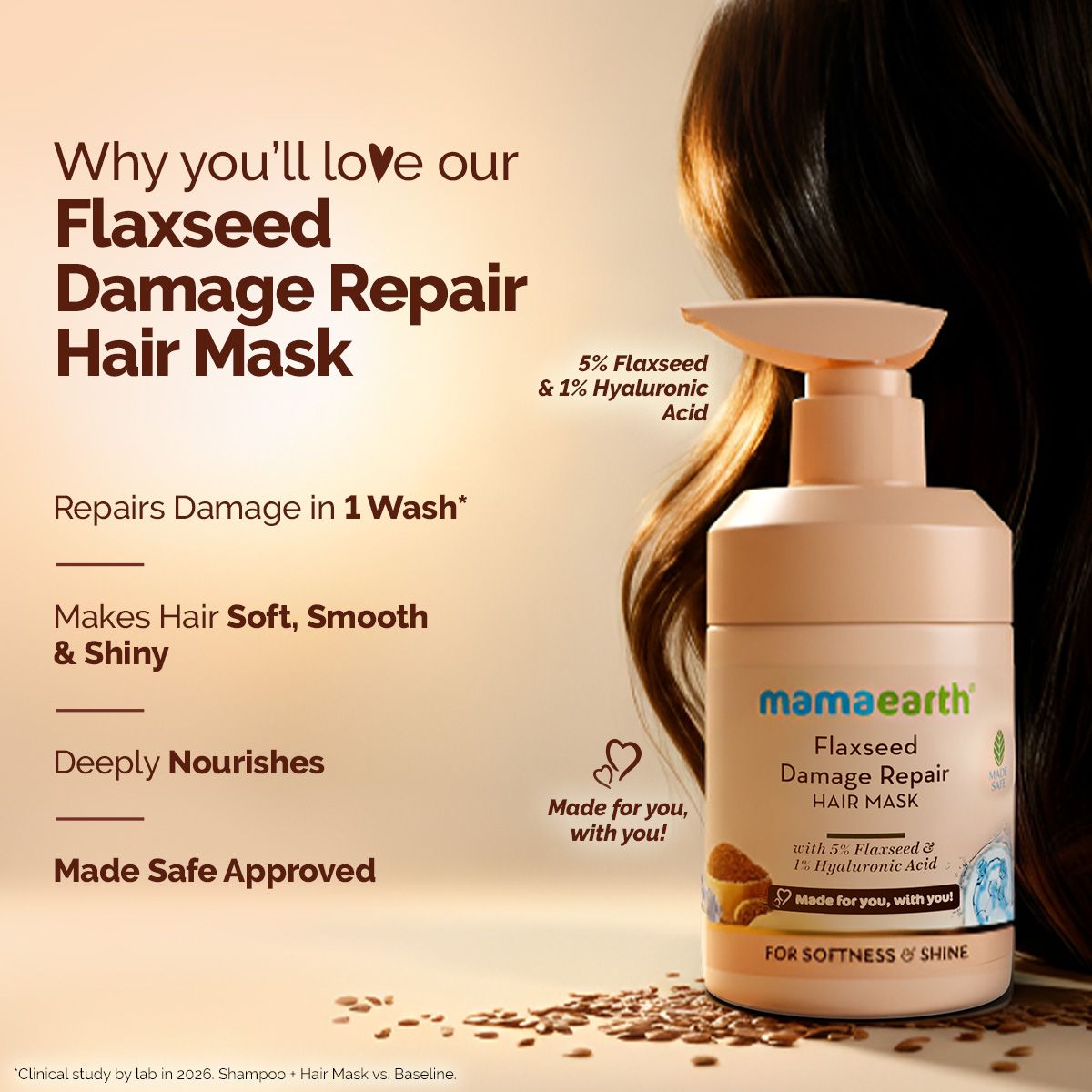 Mamaearth Flaxseed Damage Repair Hair Mask with 5% Flaxseed, 1% Hyaluronic Acid, Ceramides for Softness & Shine, Pack of 2 X 300ml - Image 2 - Buy from Indicrest