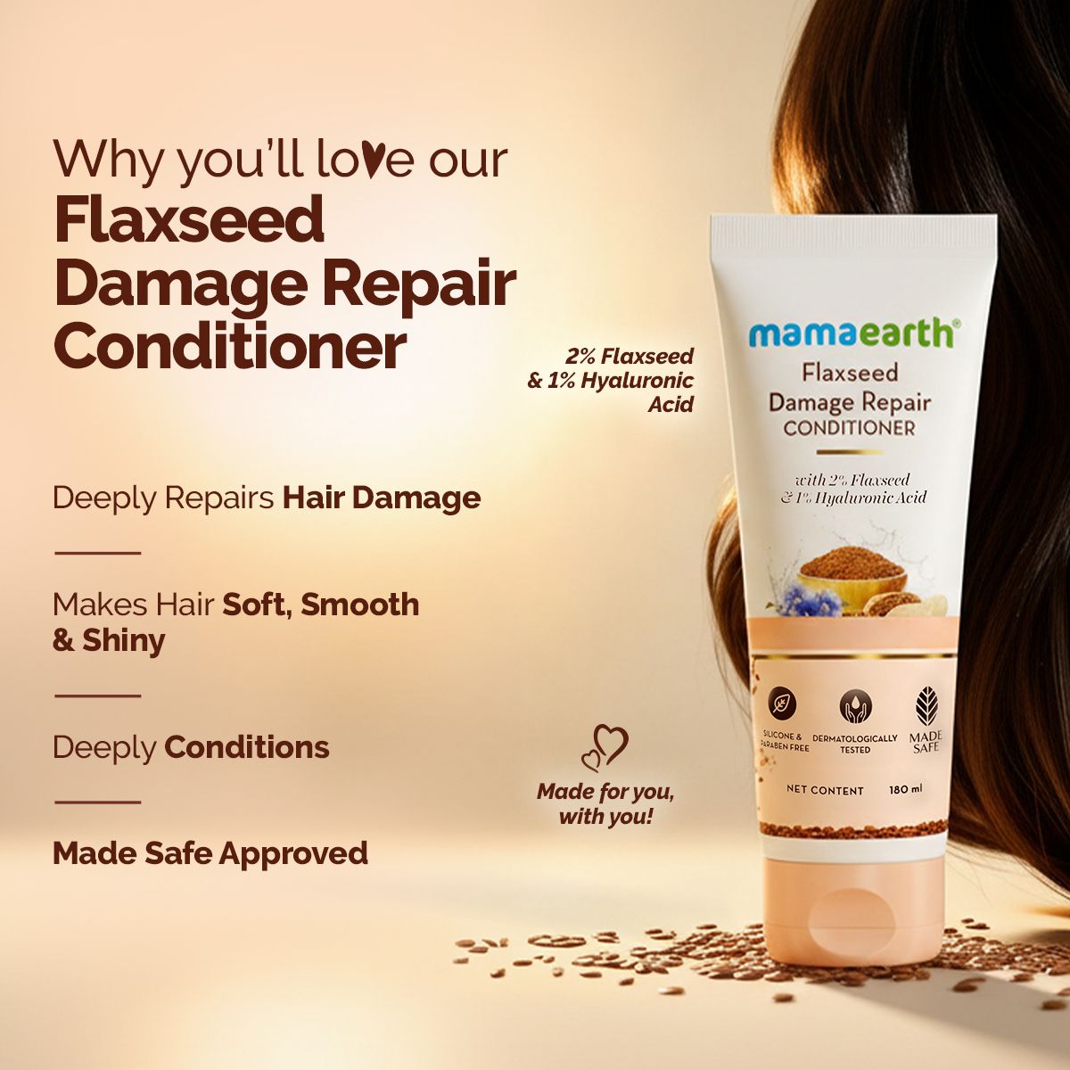 Mamaearth Flaxseed Damage Repair Conditioner with 2% Flaxseed & 1 % Hyaluronic Acid for Softness & Shine -180 ml - Image 2 - Buy from Indicrest