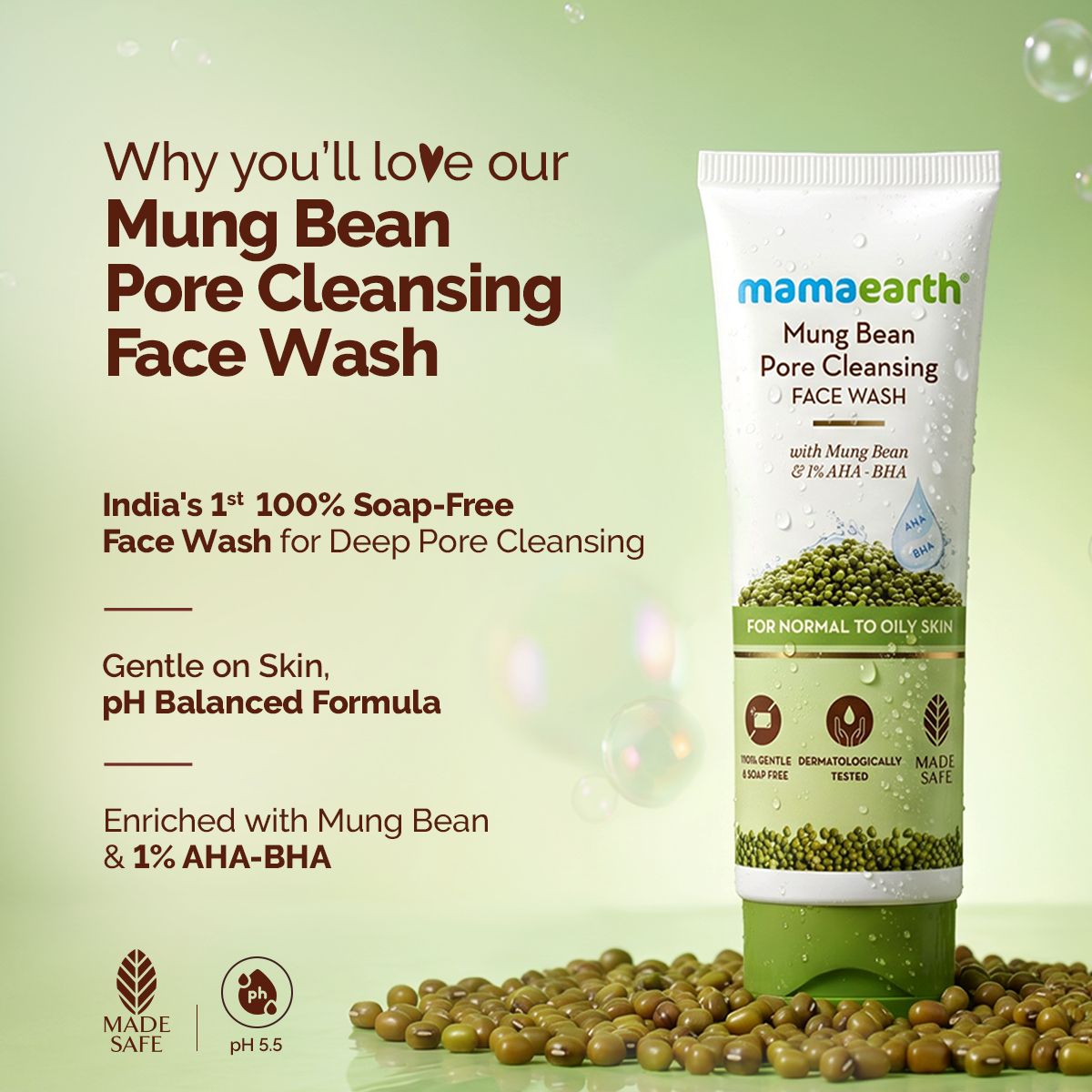 Mamaearth Mung Bean Pore Cleansing Face Wash with Mung Bean, AHA & BHA for Normal to Oily Skin, 100ml - Image 2 - Buy from Indicrest