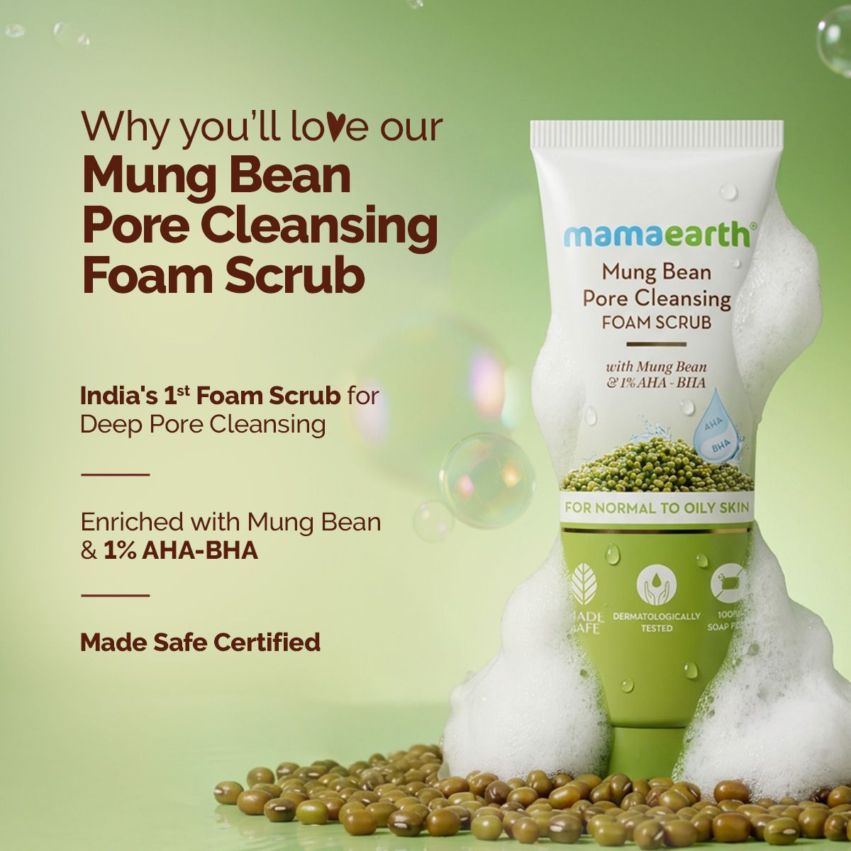 Mamaearth Mung Bean Pore Cleansing Foam Scrub with Mung Bean, AHA & BHA for Normal to Oily Skin, 100g - Image 2 - Buy from Indicrest