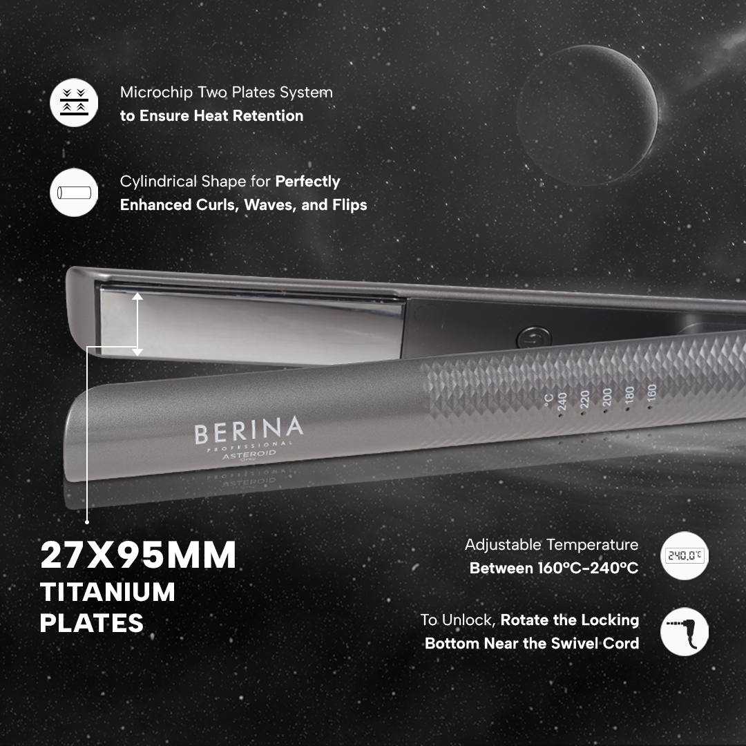 Berina Professional Asteroid BC-069 Powerful Hair Straightener | Sleek Finish & Professional Styling, Pearl White