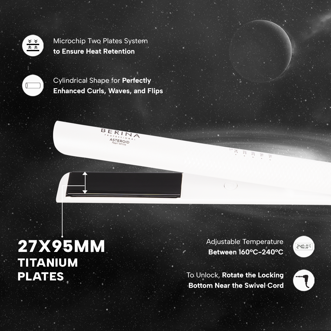 Berina Professional Asteroid BC-069 Powerful Hair Straightener | Sleek Finish & Professional Styling, Pearl White