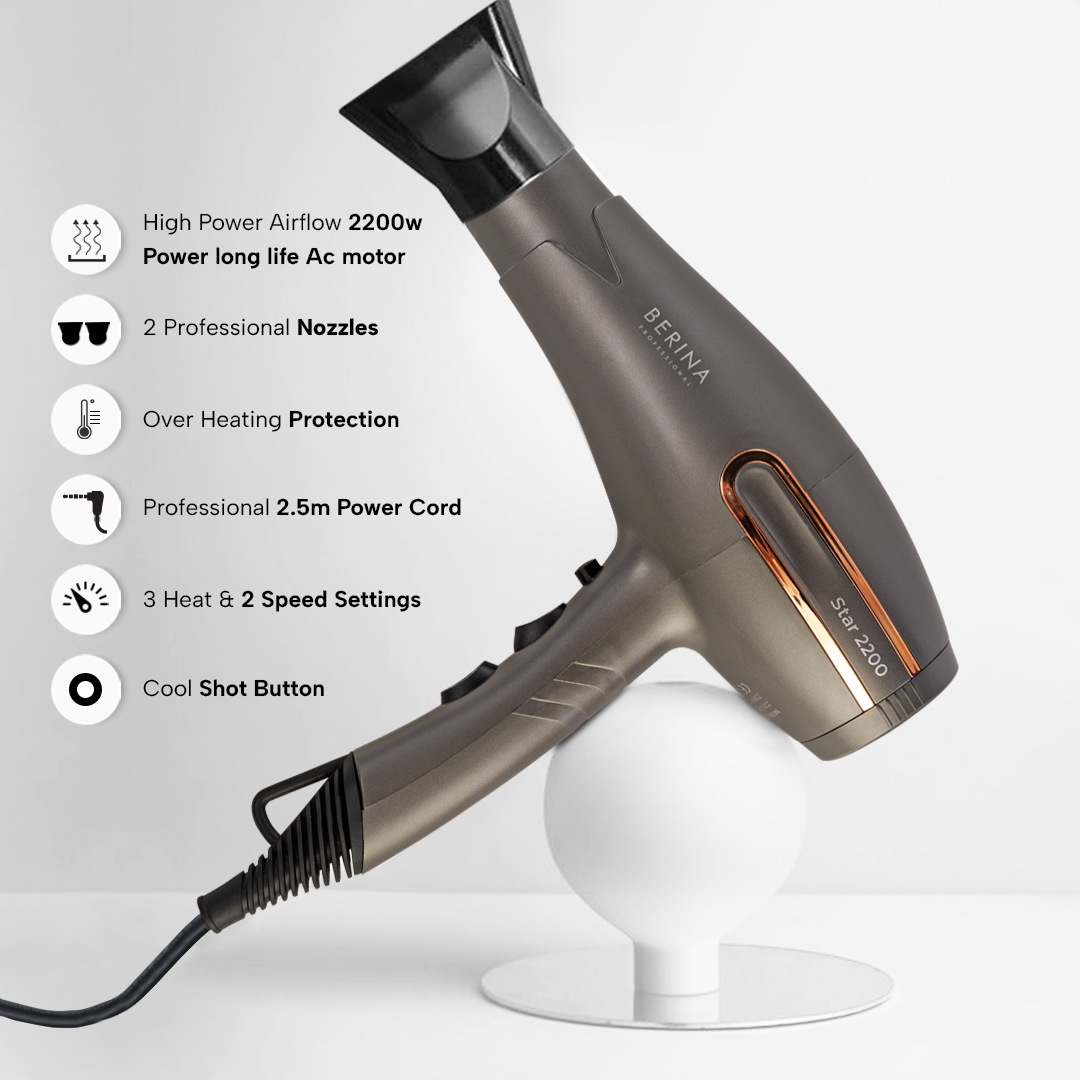Berina Professional Star BC-9910 Powerful Hair Dryer | Salon Performance & Quick Styling Results, Grey