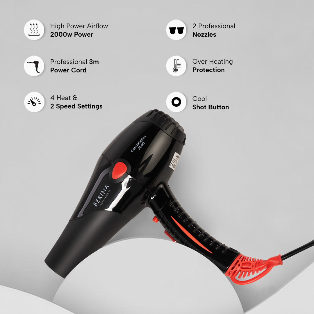 Berina Professional Constellation Black BC-5501 Hair Dryer | Powerful Airflow for Smooth Styling, BC-5501