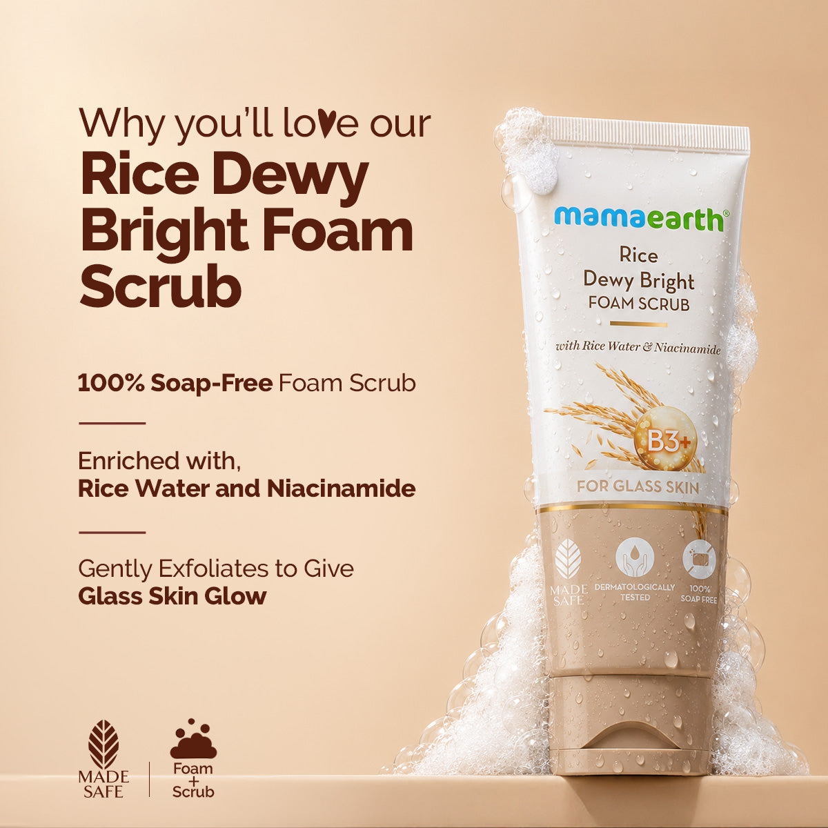 Mamaearth Rice Dewy Bright Foam Scrub with Rice Water & Niacinamide for Glass Skin Glow, 100g - Image 2 - Buy from Indicrest