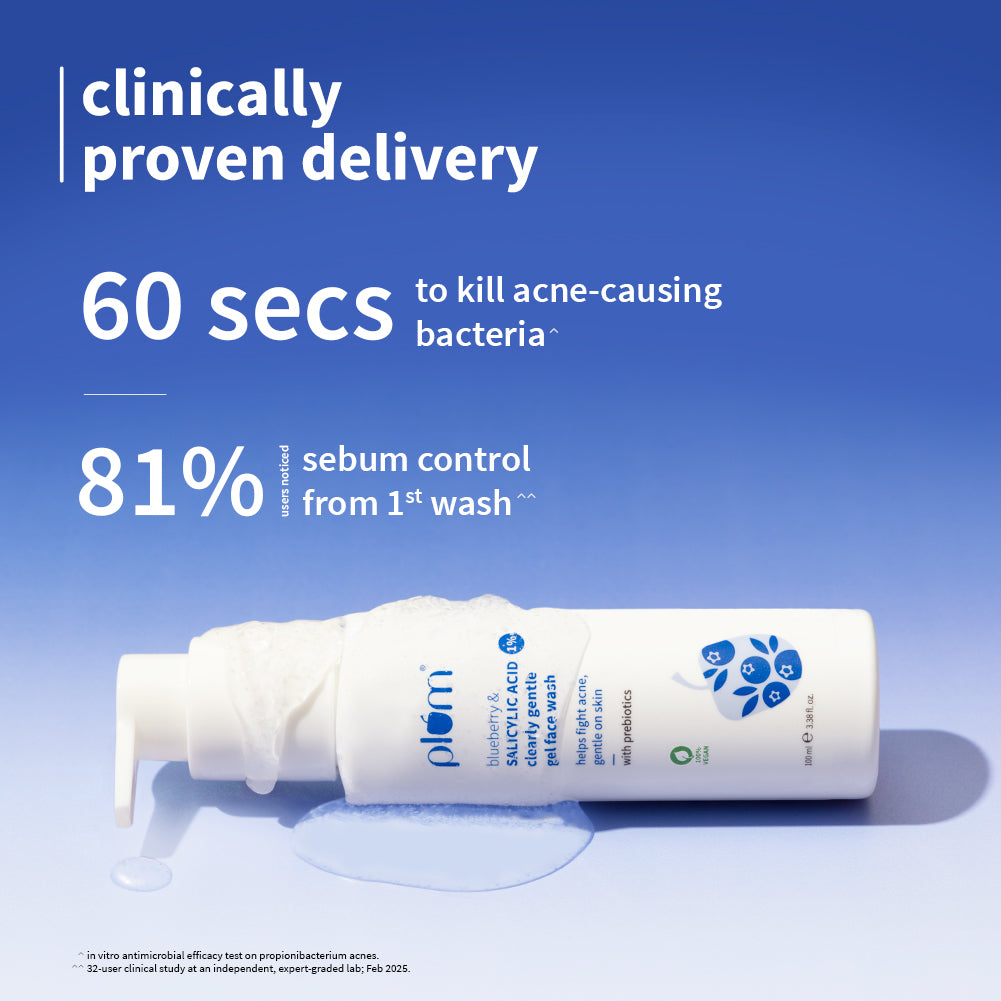 Plum Plum 1% Salicylic Acid Clearly Gentle Gel Face Wash with Blueberry | Helps Fight Active Acne | Gentle & Non-Drying | For Oily, Acne-Prone Skin | Beginner-Friendly | All Genders | 100% Vegan | 100 Ml, 100ml