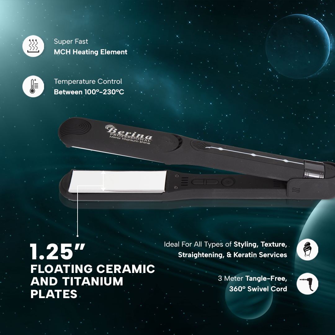 Berina Professional Mirror Titanium Shine BC-028 Hair Straightener | High-Shine Finish & Precision Styling, BC-028