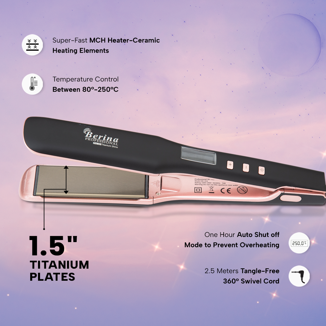 Berina Professional Pro 3D Titanium Shine BC-V21 Hair Straightener | Salon-Smooth Finish & Advanced Styling, BC-V21