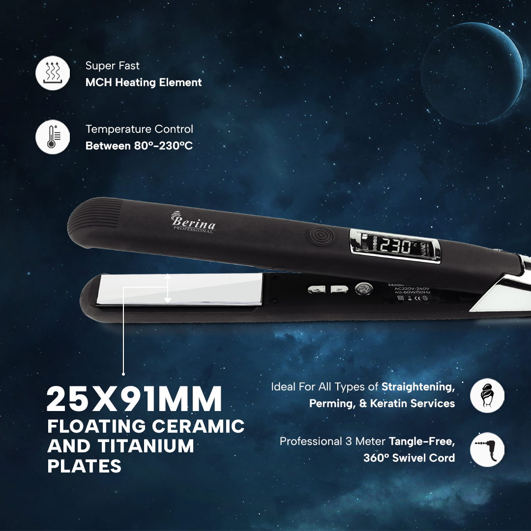 Berina Professional Silver Titanium Shine BC-168 Hair Straightener | High-Gloss Finish & Smooth Styling, BC-168