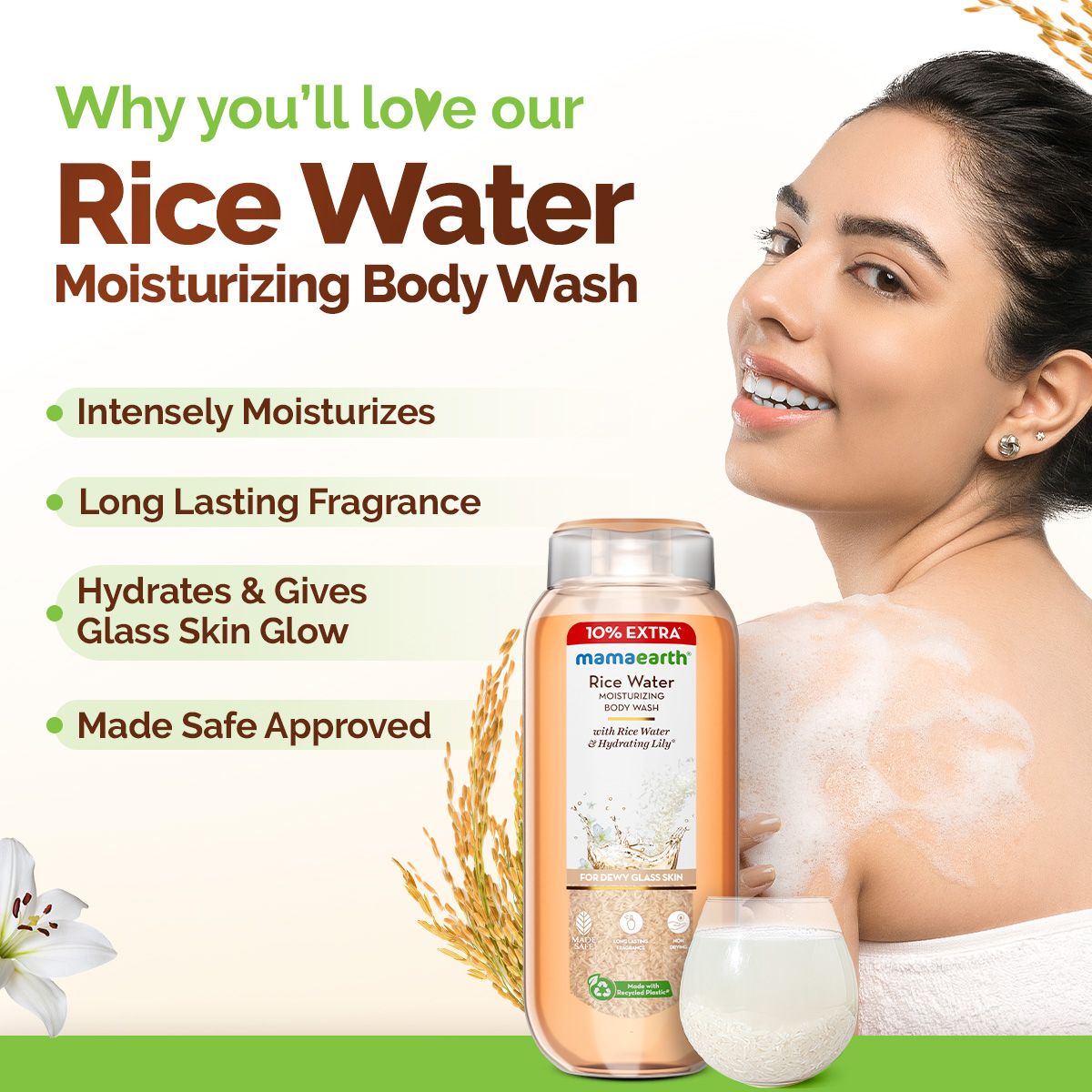 Mamaearth Rice Water Moisturizing Body Wash with Rice Water & Hydrating Lily for Dewy Glass Skin, 250ml + 25 ml - Image 2 - Buy from Indicrest