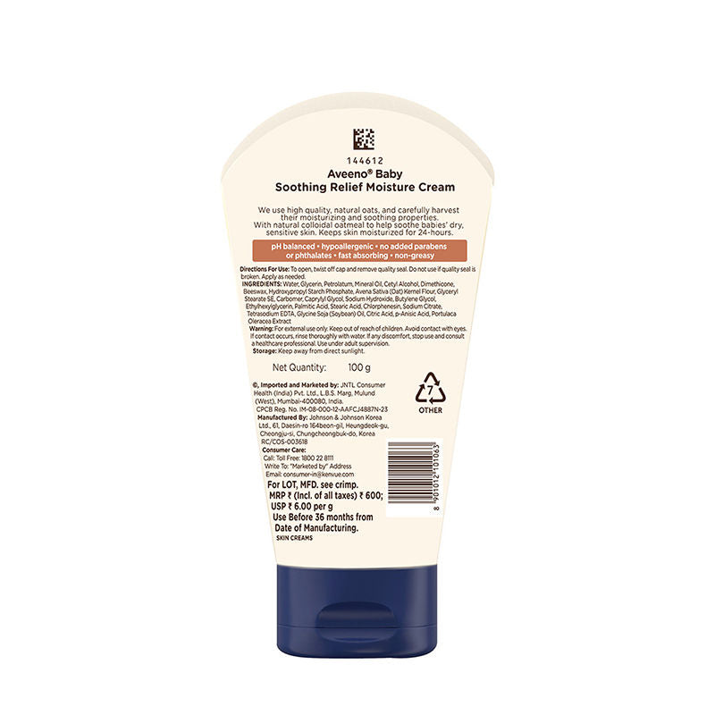 Aveeno Baby Soothing Relief Face & Body Moisture Cream - Oatmeal For Dry, Sensitive & Gentle Skin, 100g