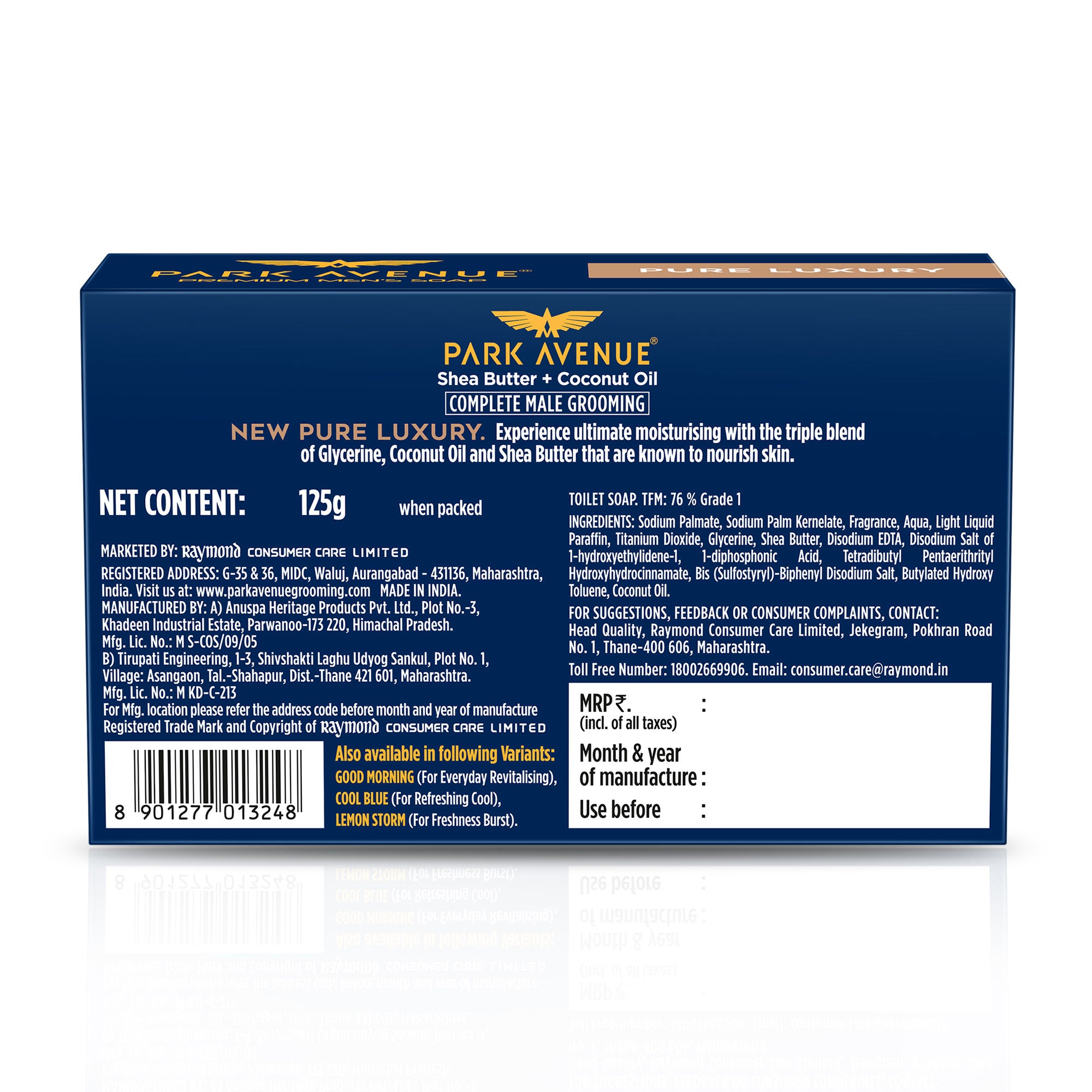 Park Avenue Premium Men's Soap Pure Luxury Shea Butter + Coconut Oil (Buy3 Get1 Free), 125g Each