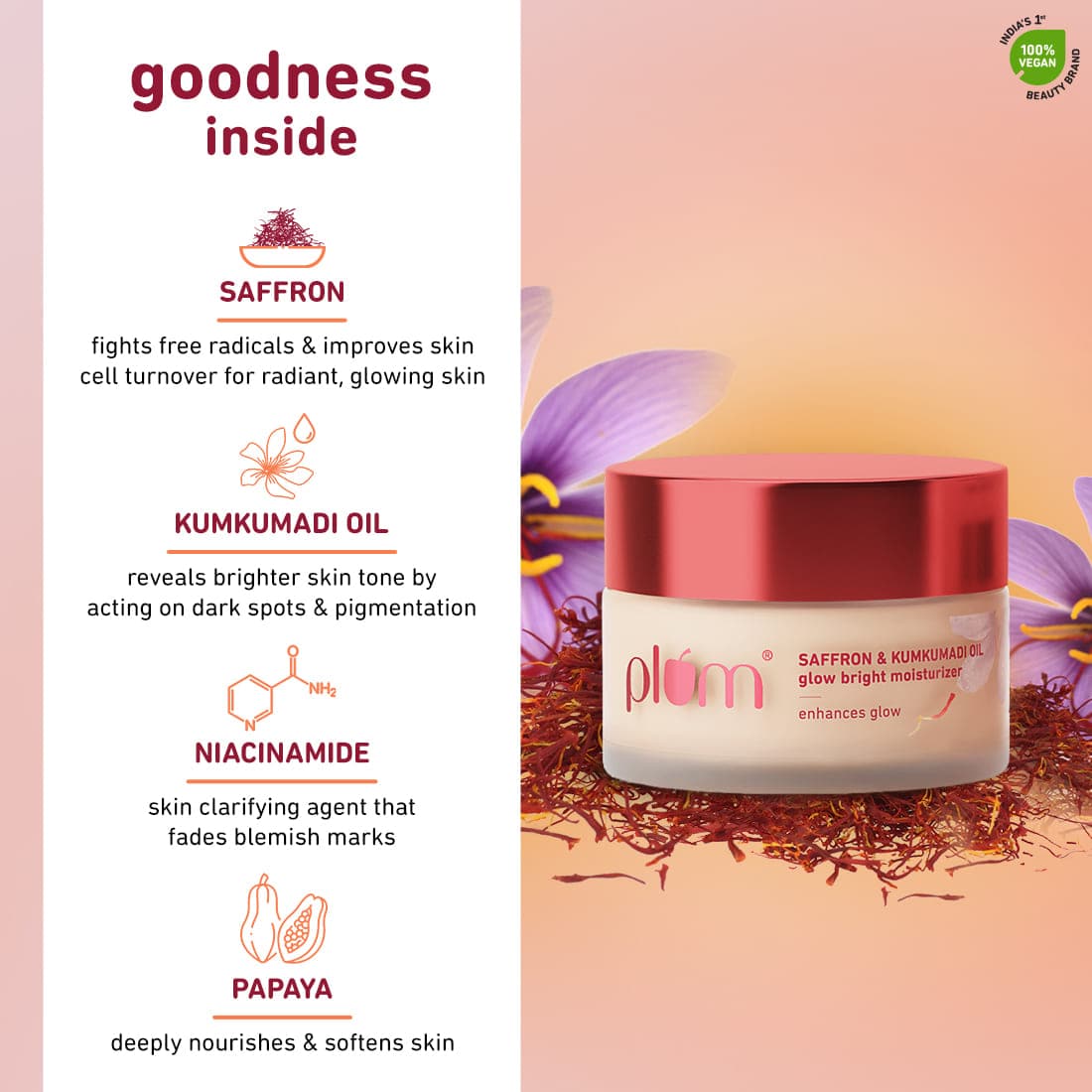 Plum Saffron & Kumkumadi Oil Glow Bright Moisturizer with SPF 35 | Enhances Glow | Brightens Skin, 50g