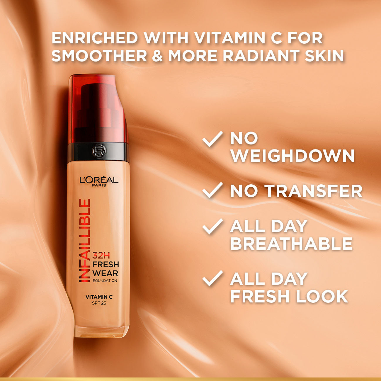 L'Oreal Paris Infallible 32H Fresh Wear Foundation, Luminous Coverage - No 120, 30ml Buy at Indicrest Image 4