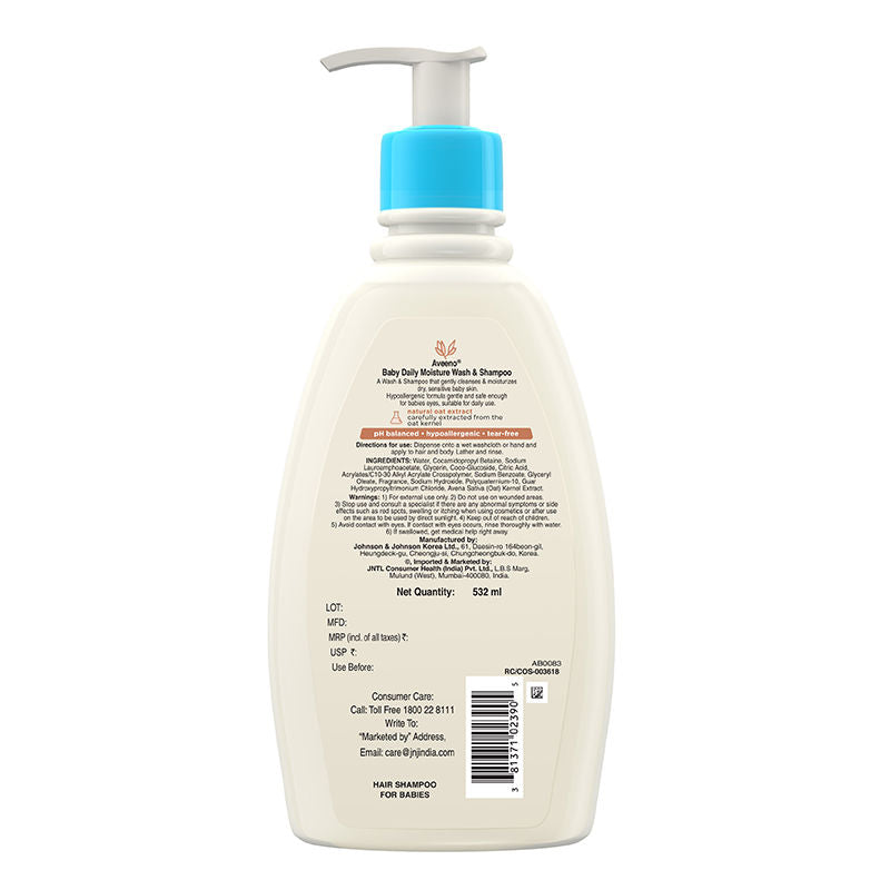 Aveeno Baby Daily Moisture Wash & Shampoo - Natural Oat Gentle Cleanser For Hair, Sensitive Body Skin, 532ml